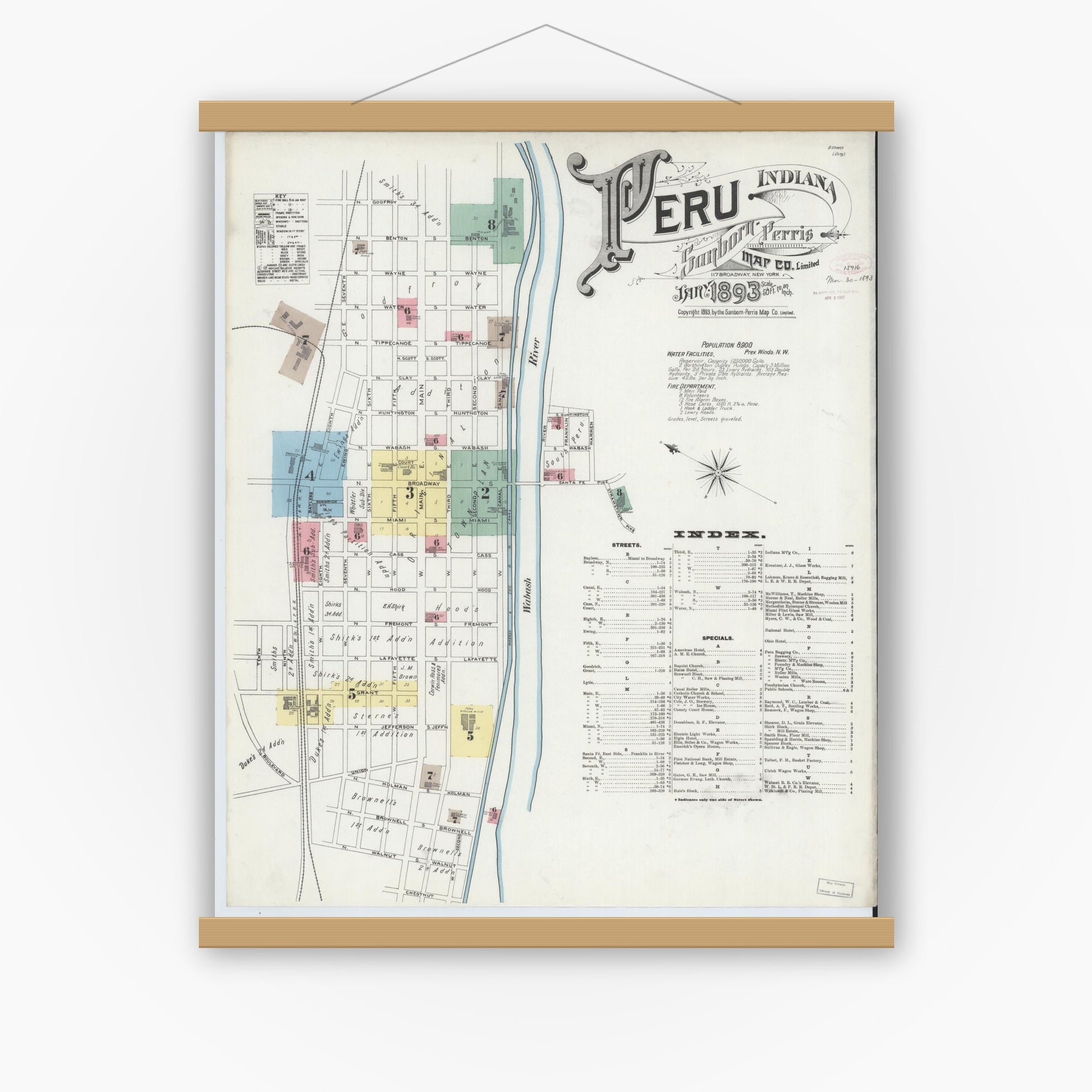 Old map wall art mockup — magnetic wood frame on white wall — Sanborn Fire Insurance Map from Peru, Miami County, Indiana (1893) - Complete Map Set