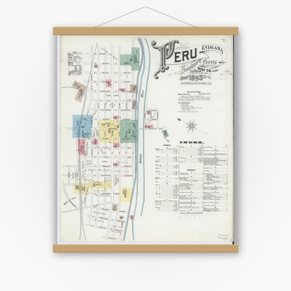 Old map wall art mockup — magnetic wood frame on white wall — Sanborn Fire Insurance Map from Peru, Miami County, Indiana (1893) - Complete Map Set
