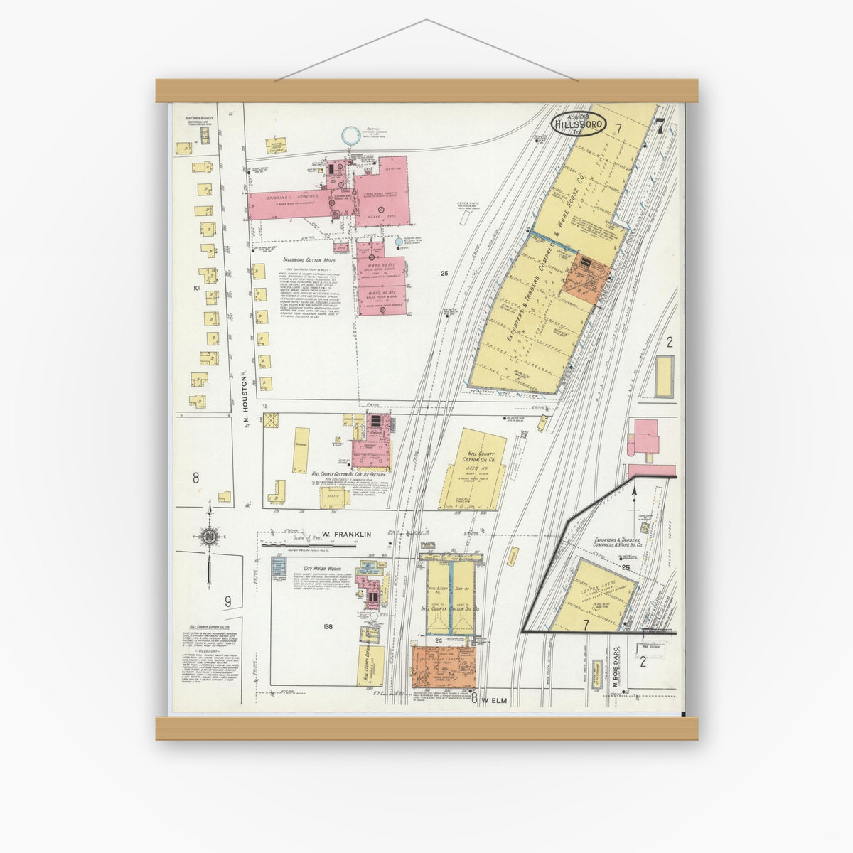 Old map wall art mockup — magnetic wood frame on white wall — Sanborn Fire Insurance Map from Hillsboro, Hill County, Texas (1918), Sheet #0007