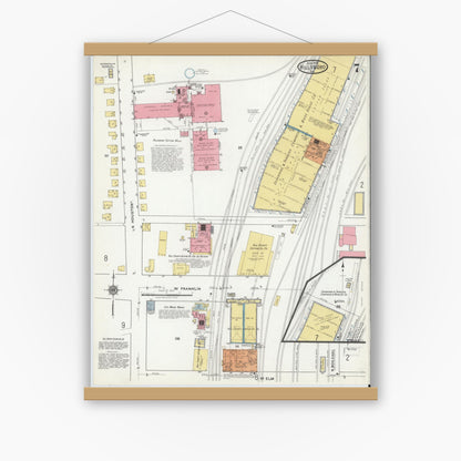Old map wall art mockup — magnetic wood frame on white wall — Sanborn Fire Insurance Map from Hillsboro, Hill County, Texas (1918), Sheet #0007