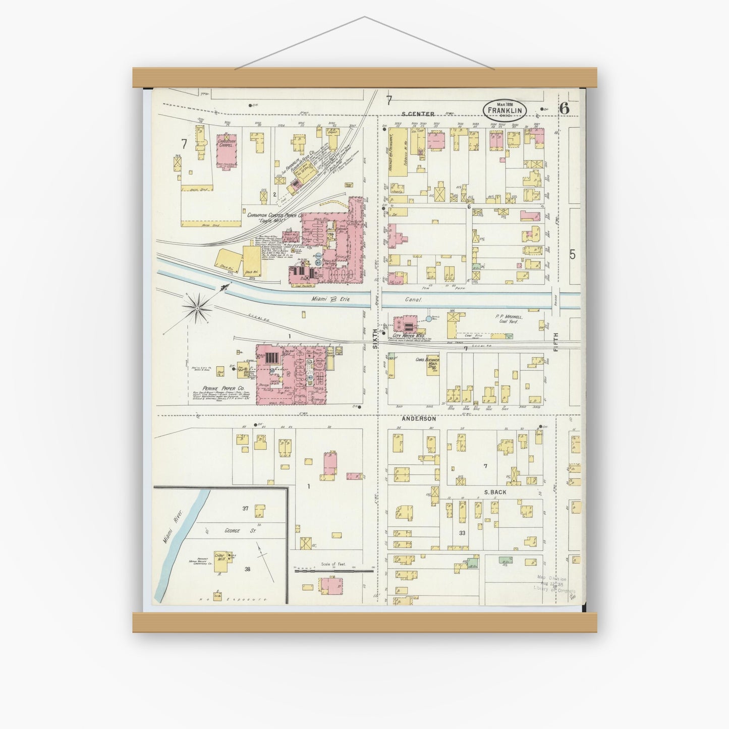 Old map wall art mockup — magnetic wood frame on white wall — Sanborn Fire Insurance Map from Franklin, Warren County, Ohio (1898), Sheet #0006