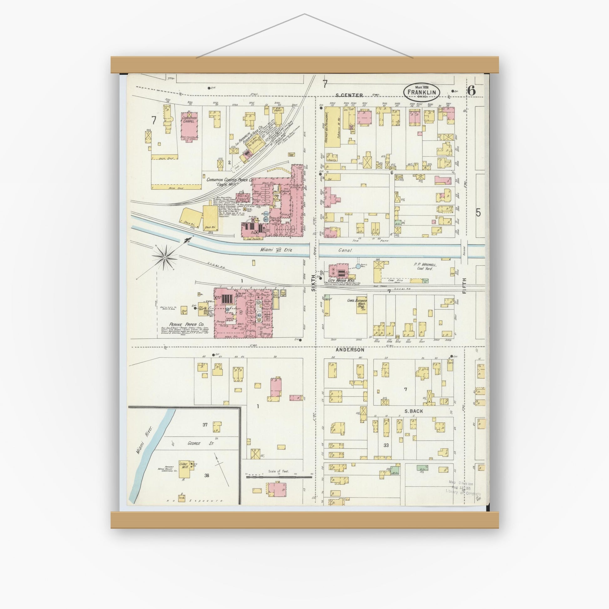 Old map wall art mockup — magnetic wood frame on white wall — Sanborn Fire Insurance Map from Franklin, Warren County, Ohio (1898), Sheet #0006