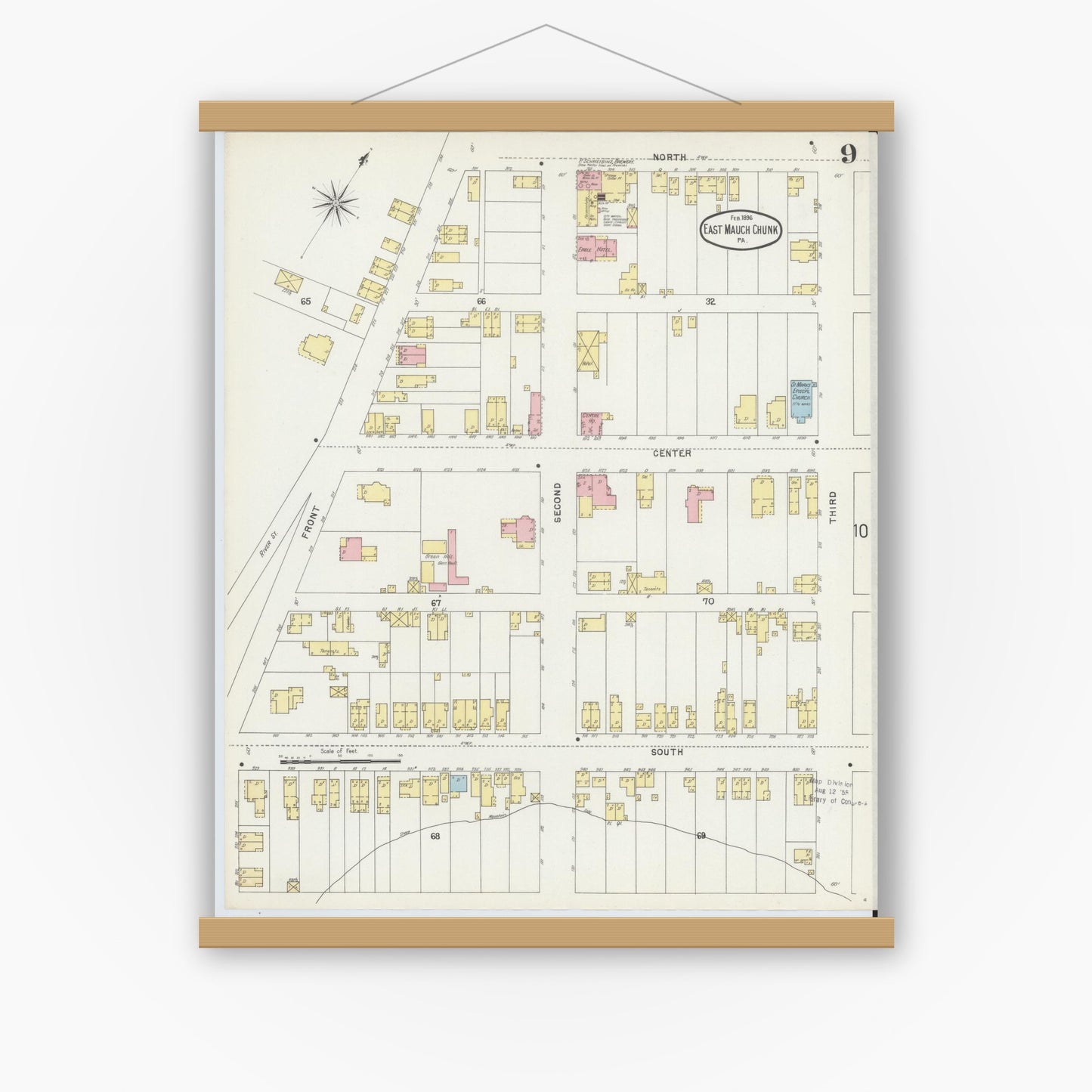 Old map wall art mockup — magnetic wood frame on white wall — Sanborn Fire Insurance Map from Mauch Chunk, Carbon County, Pennsylvania (1896), Sheet #0009