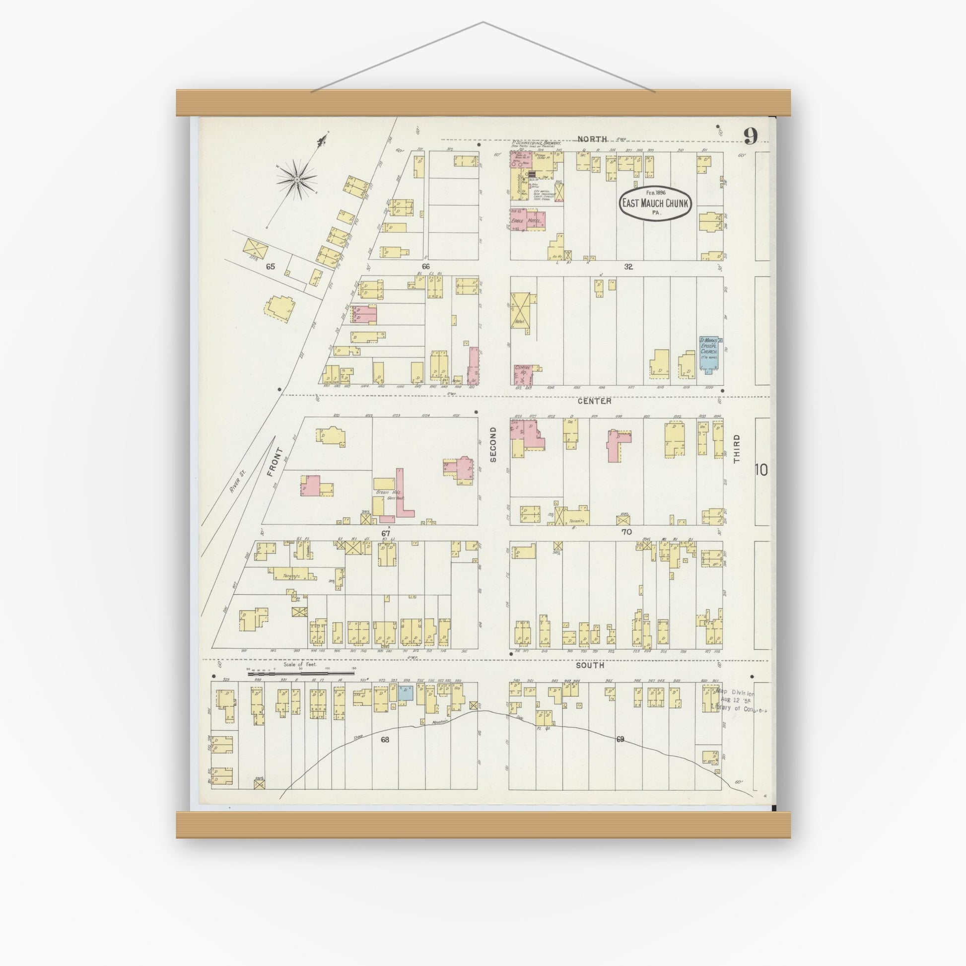 Old map wall art mockup — magnetic wood frame on white wall — Sanborn Fire Insurance Map from Mauch Chunk, Carbon County, Pennsylvania (1896), Sheet #0009
