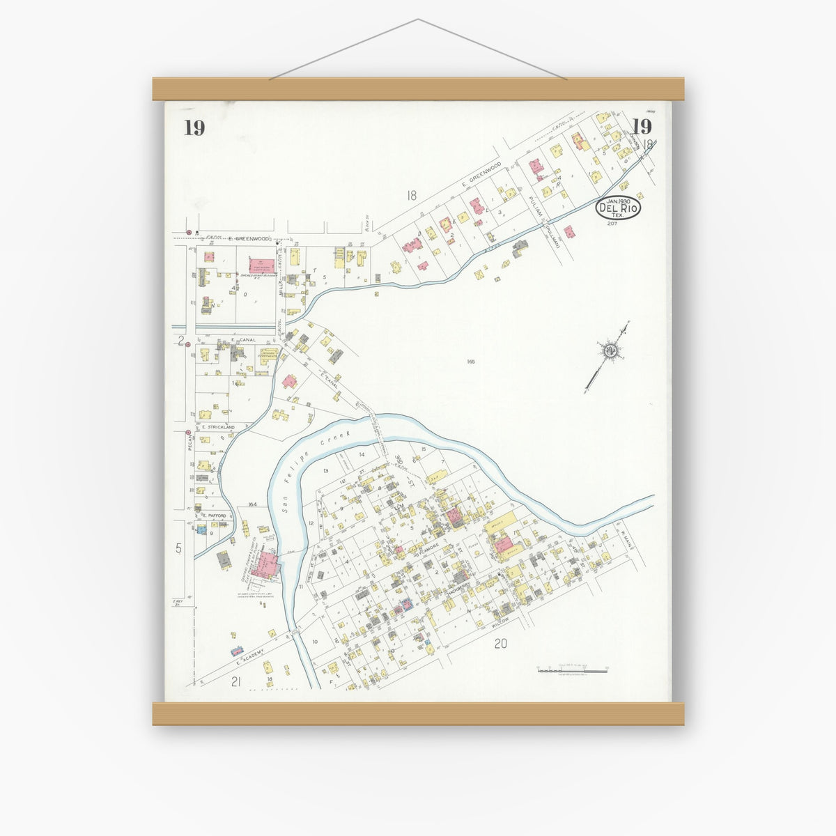 Old map wall art mockup — magnetic wood frame on white wall — Sanborn Fire Insurance Map from Del Rio, Val Verde County, Texas (1930), Sheet #0019