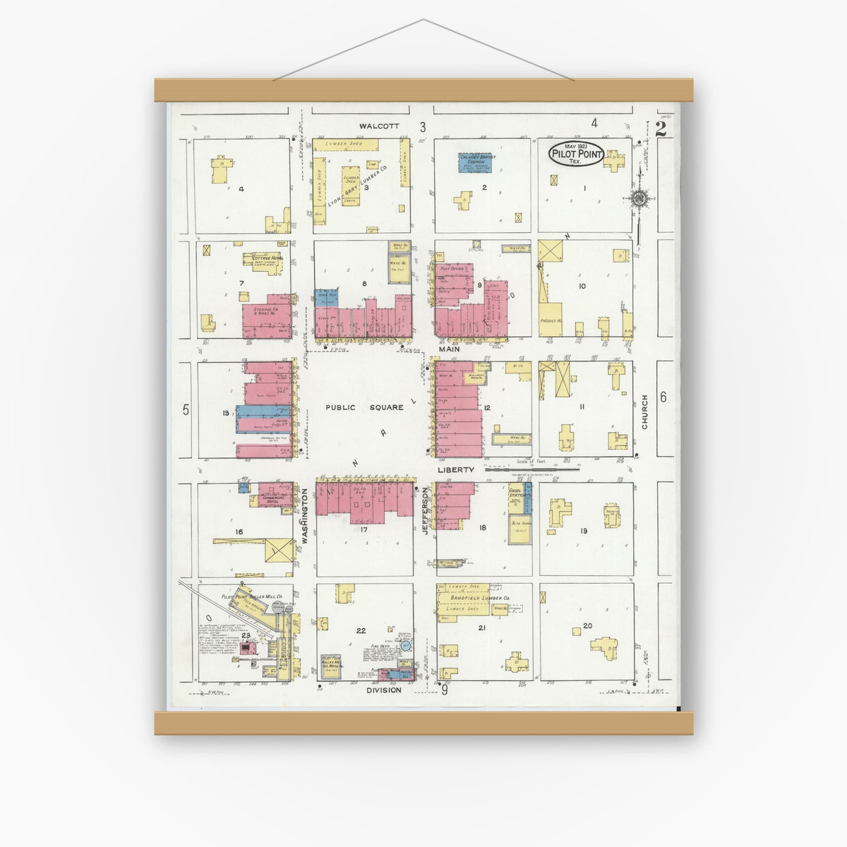 Old map wall art mockup — magnetic wood frame on white wall — Sanborn Fire Insurance Map from Pilot Point, Denton County, Texas (1921), Sheet #0002