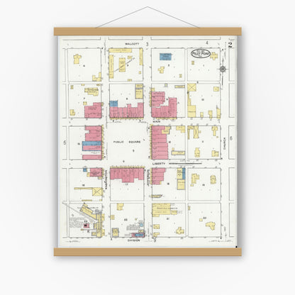 Old map wall art mockup — magnetic wood frame on white wall — Sanborn Fire Insurance Map from Pilot Point, Denton County, Texas (1921), Sheet #0002