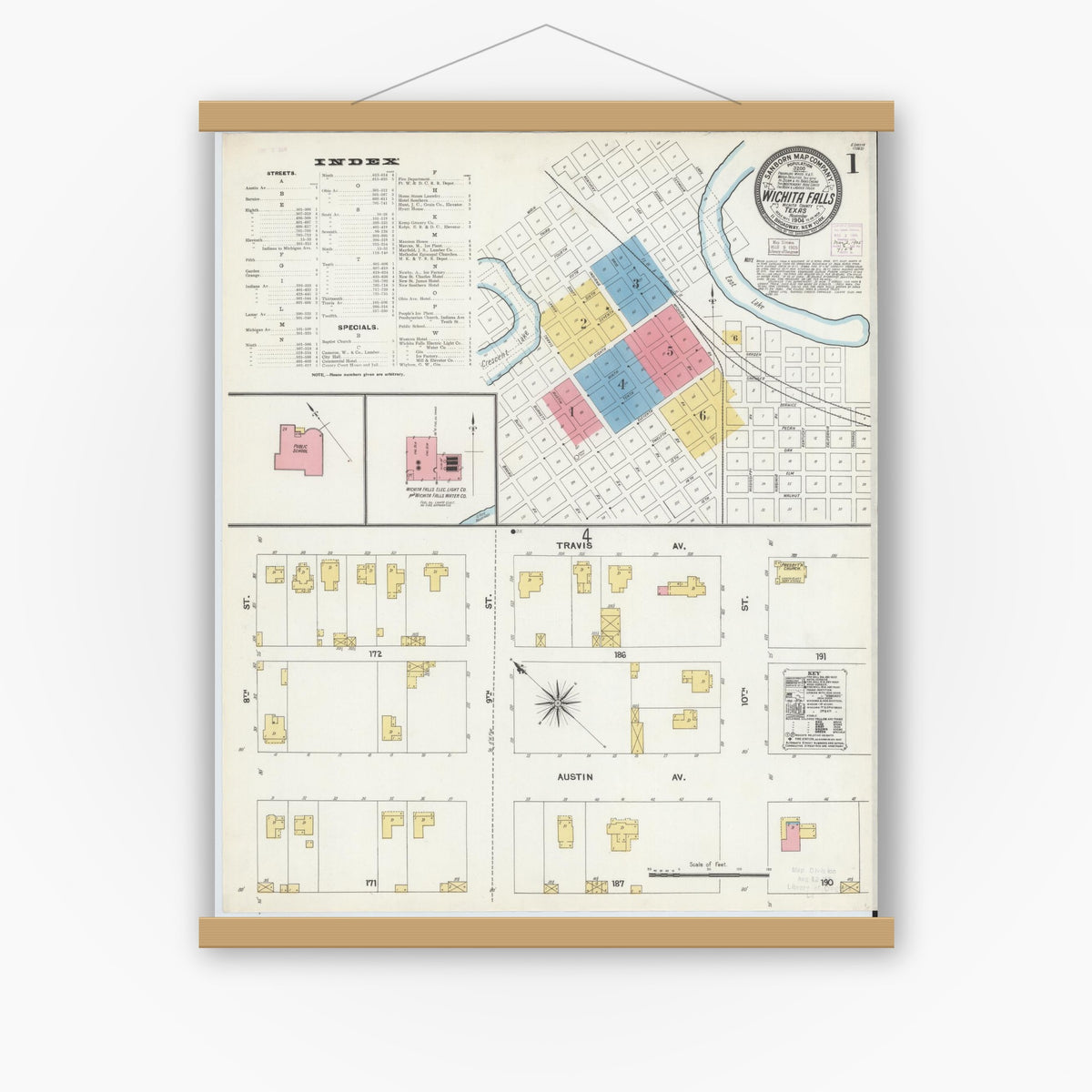 Old map wall art mockup — magnetic wood frame on white wall — Sanborn Fire Insurance Map from Wichita Falls, Wichita County, Texas (1904), Sheet #0001