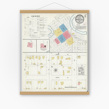 Old map wall art mockup — magnetic wood frame on white wall — Sanborn Fire Insurance Map from Wichita Falls, Wichita County, Texas (1904), Sheet #0001
