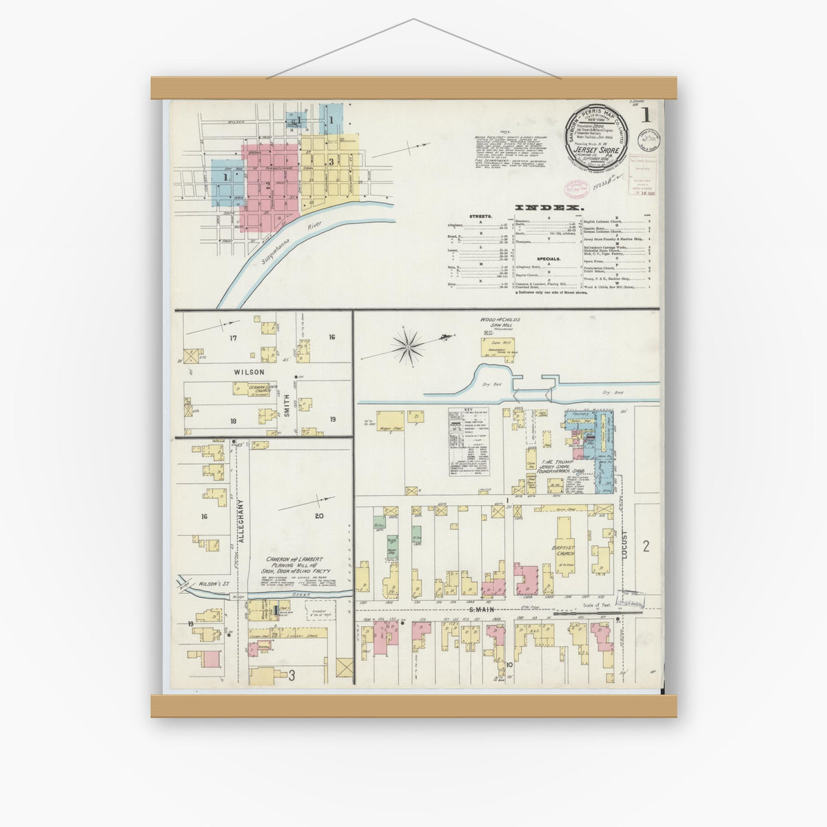 Old map wall art mockup — magnetic wood frame on white wall — Sanborn Fire Insurance Map from Jersey Shore, Lycoming County, Pennsylvania (1896), Sheet #0001