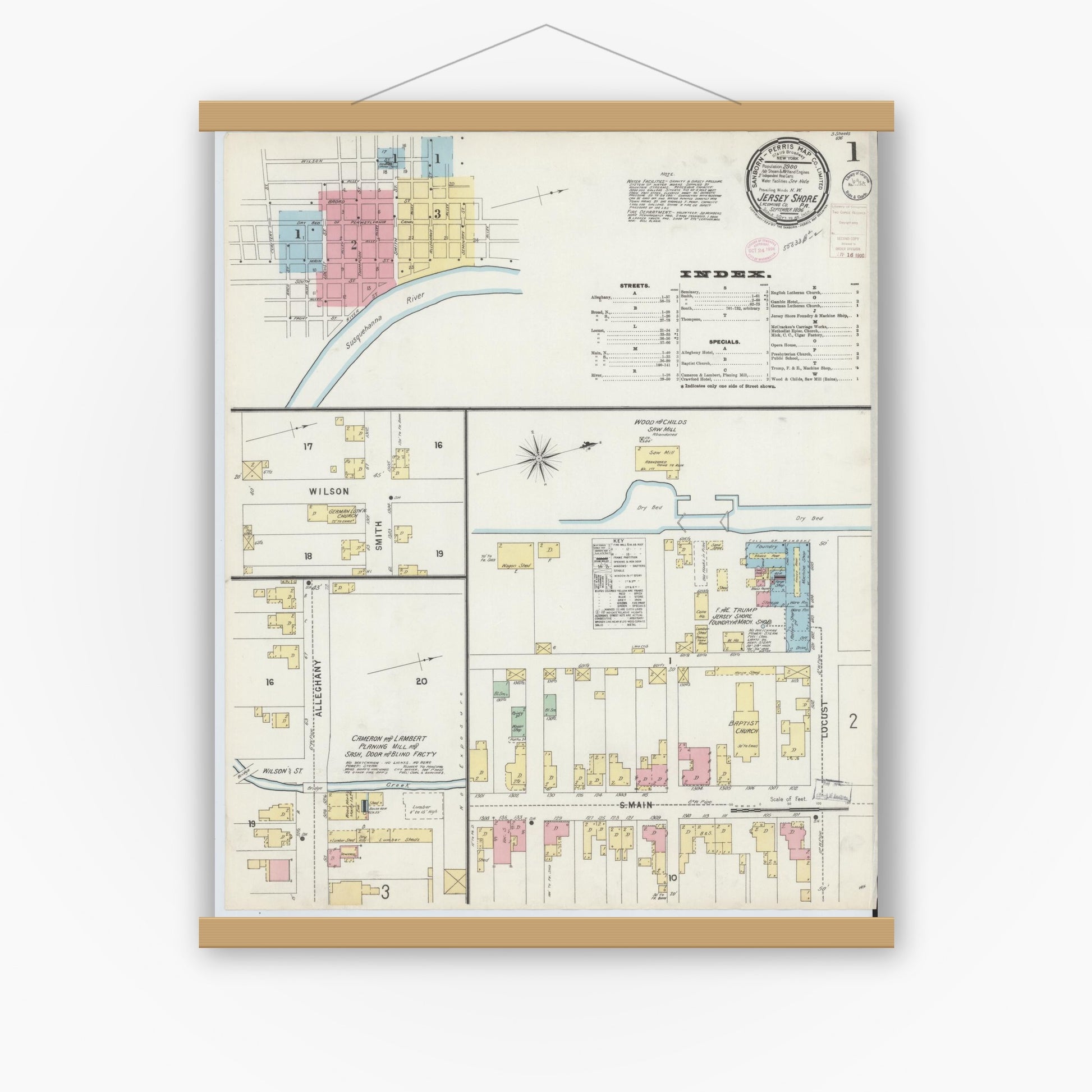 Old map wall art mockup — magnetic wood frame on white wall — Sanborn Fire Insurance Map from Jersey Shore, Lycoming County, Pennsylvania (1896), Sheet #0001
