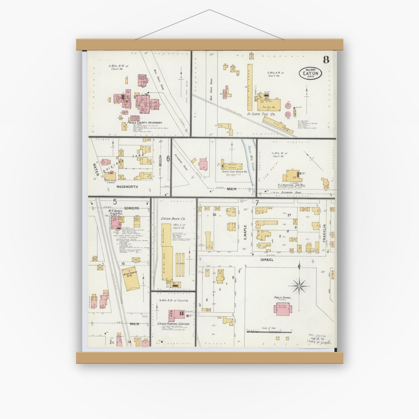 Old map wall art mockup — magnetic wood frame on white wall — Sanborn Fire Insurance Map from Eaton, Preble County, Ohio (1899), Sheet #0008