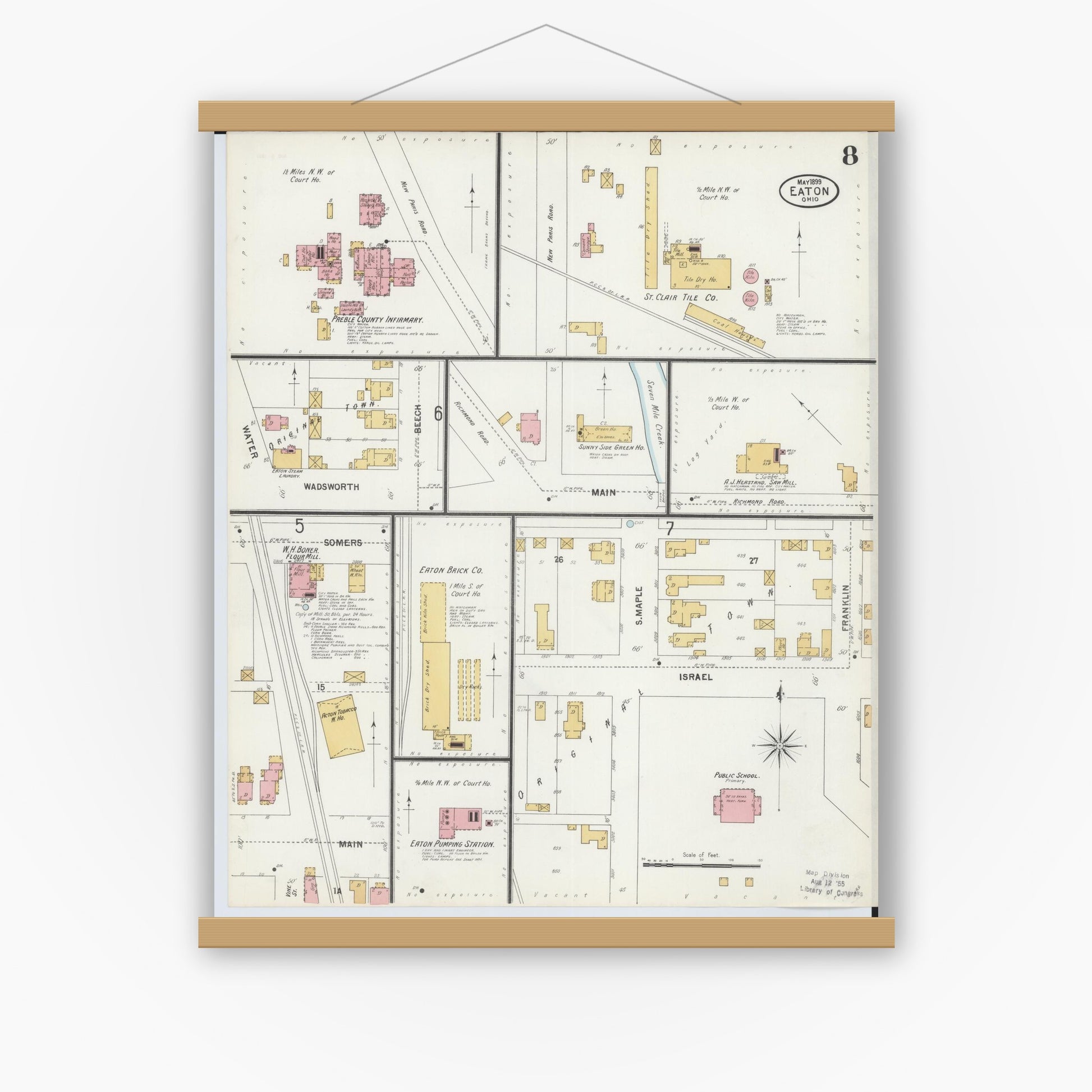 Old map wall art mockup — magnetic wood frame on white wall — Sanborn Fire Insurance Map from Eaton, Preble County, Ohio (1899), Sheet #0008
