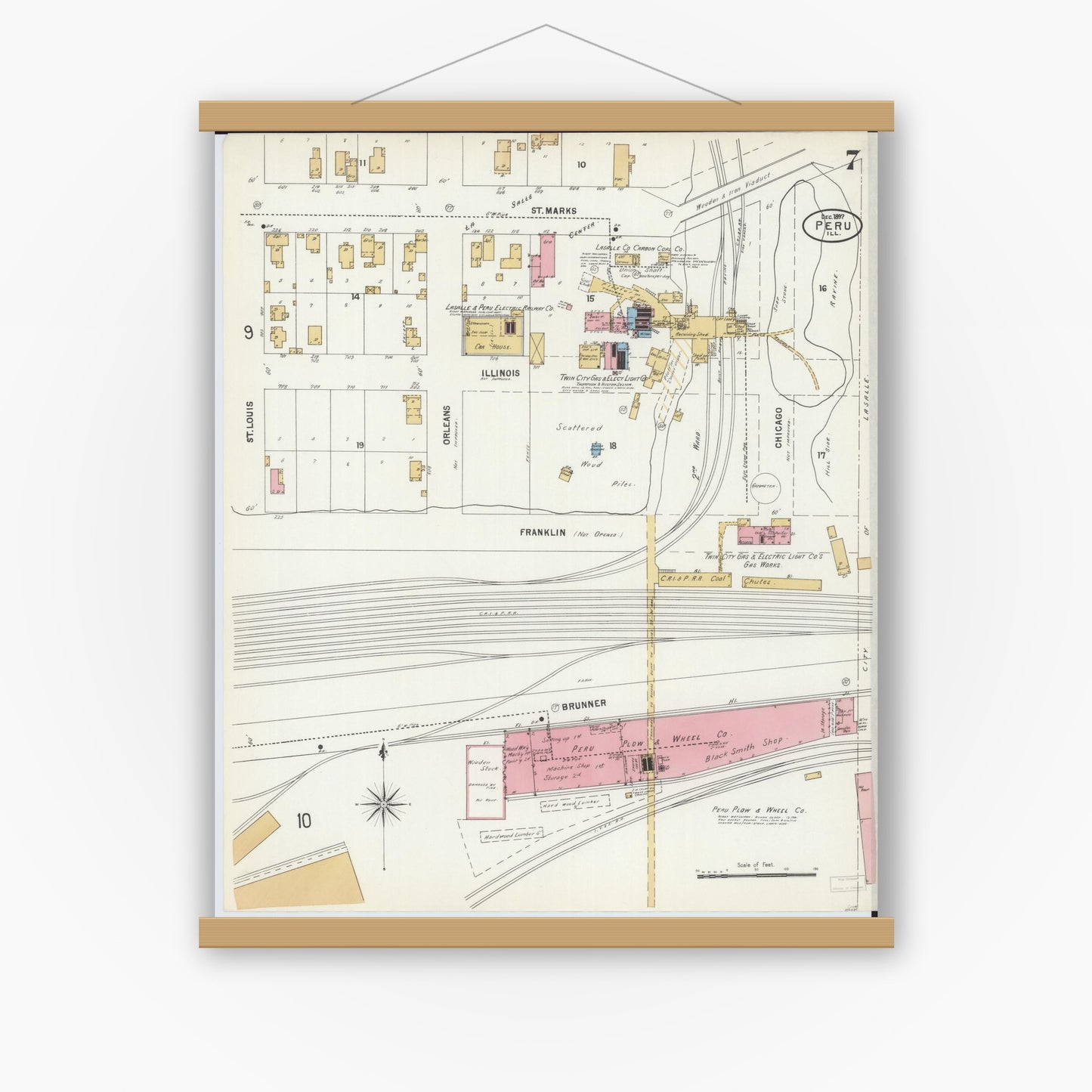 Old map wall art mockup — magnetic wood frame on white wall — Sanborn Fire Insurance Map from Peru, La Salle County, Illinois (1897), Sheet #0007