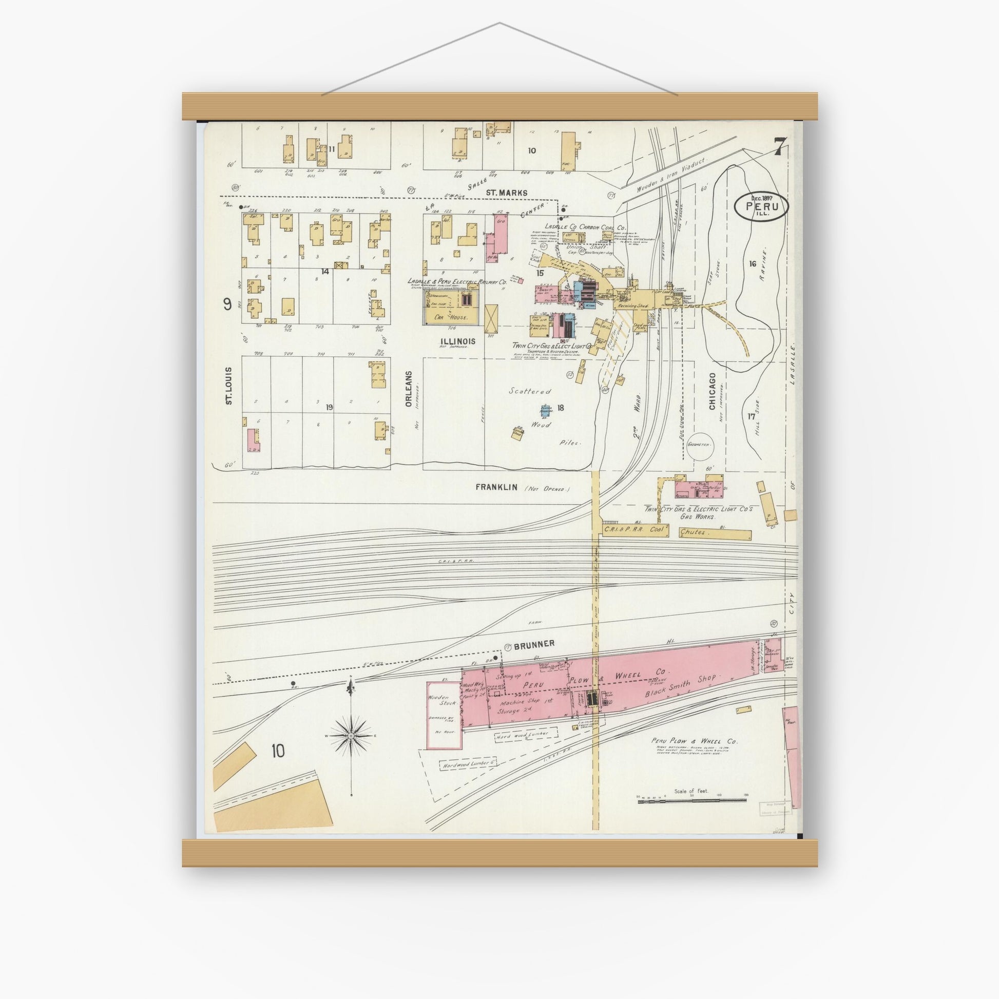 Old map wall art mockup — magnetic wood frame on white wall — Sanborn Fire Insurance Map from Peru, La Salle County, Illinois (1897), Sheet #0007