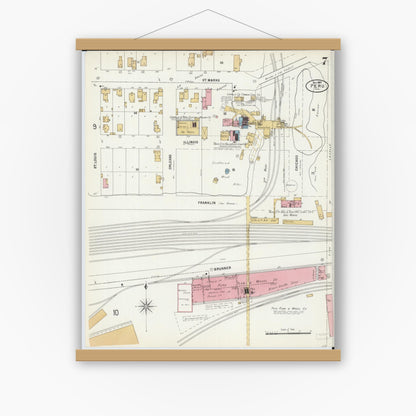 Old map wall art mockup — magnetic wood frame on white wall — Sanborn Fire Insurance Map from Peru, La Salle County, Illinois (1897), Sheet #0007