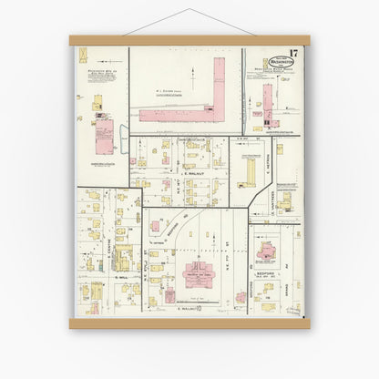 Old map wall art mockup — magnetic wood frame on white wall — Sanborn Fire Insurance Map from Washington, Daviess County, Indiana (1909), Sheet #0017