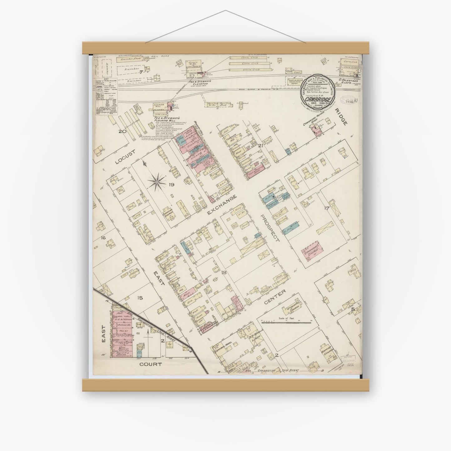 Old map wall art mockup — magnetic wood frame on white wall — Sanborn Fire Insurance Map from Cambridge, Henry County, Illinois (1885), Sheet #0001