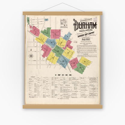 Old map wall art mockup — magnetic wood frame on white wall — Sanborn Fire Insurance Map from Durham, Durham County, North Carolina (1907), Sheet #0001