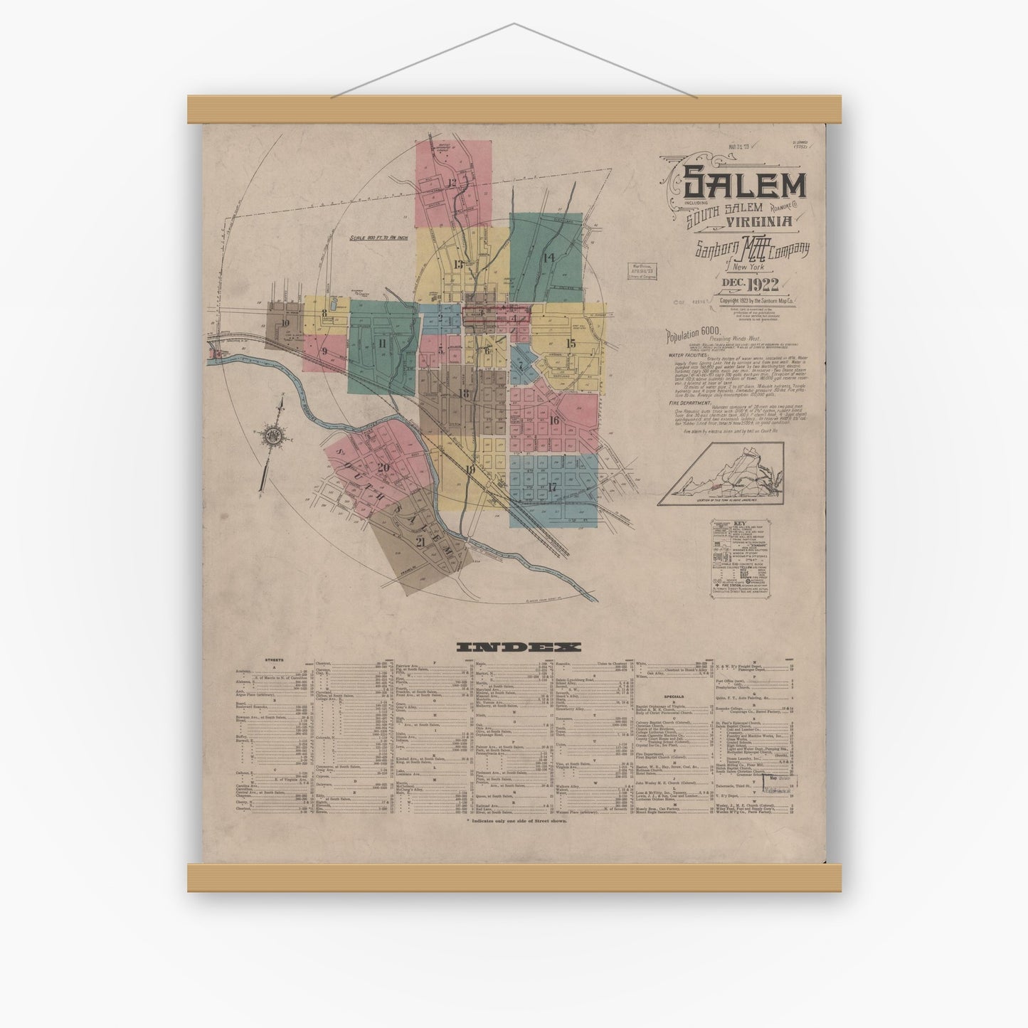 Old map wall art mockup — magnetic wood frame on white wall — Sanborn Fire Insurance Map from Salem, Independent Cities, Virginia (1922), Sheet #0001