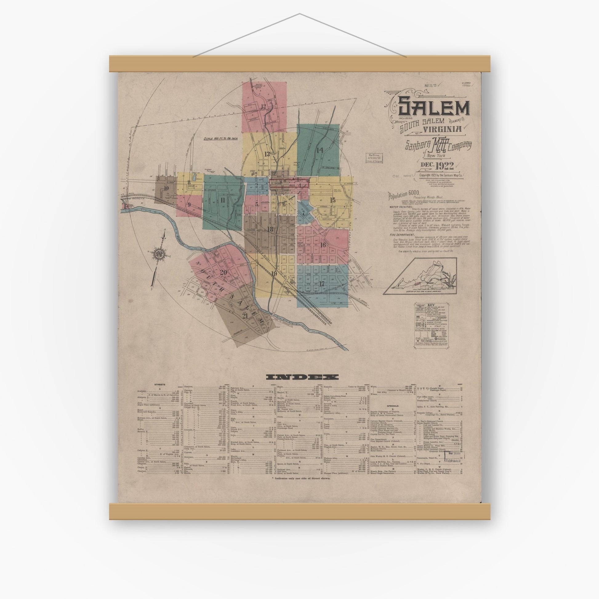 Old map wall art mockup — magnetic wood frame on white wall — Sanborn Fire Insurance Map from Salem, Independent Cities, Virginia (1922), Sheet #0001