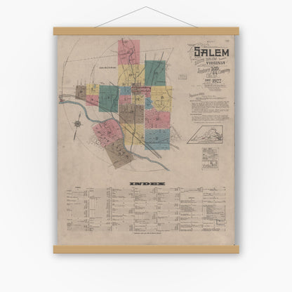 Old map wall art mockup — magnetic wood frame on white wall — Sanborn Fire Insurance Map from Salem, Independent Cities, Virginia (1922), Sheet #0001