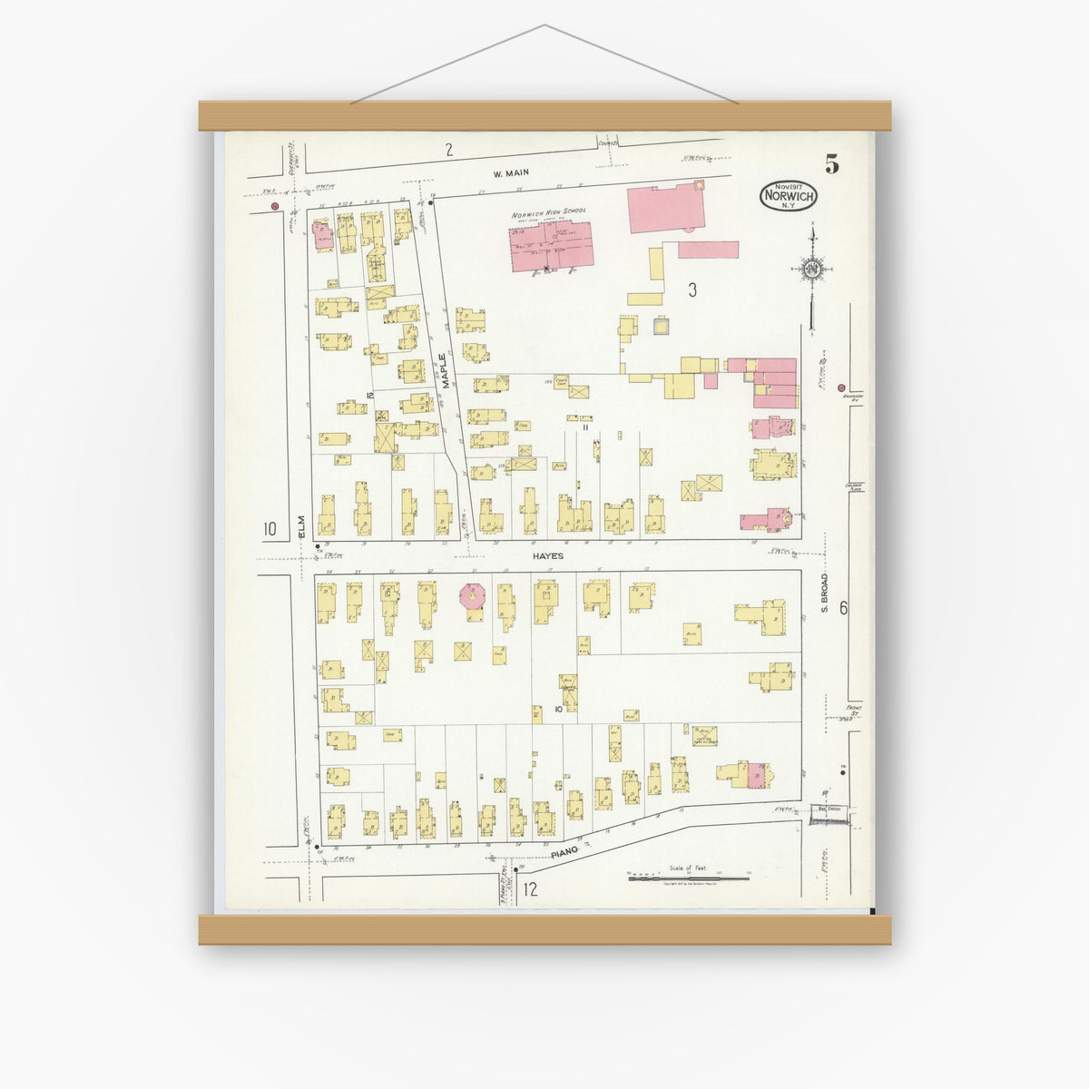 Old map wall art mockup — magnetic wood frame on white wall — Sanborn Fire Insurance Map from Norwich, Chenango County, New York (1917), Sheet #0005