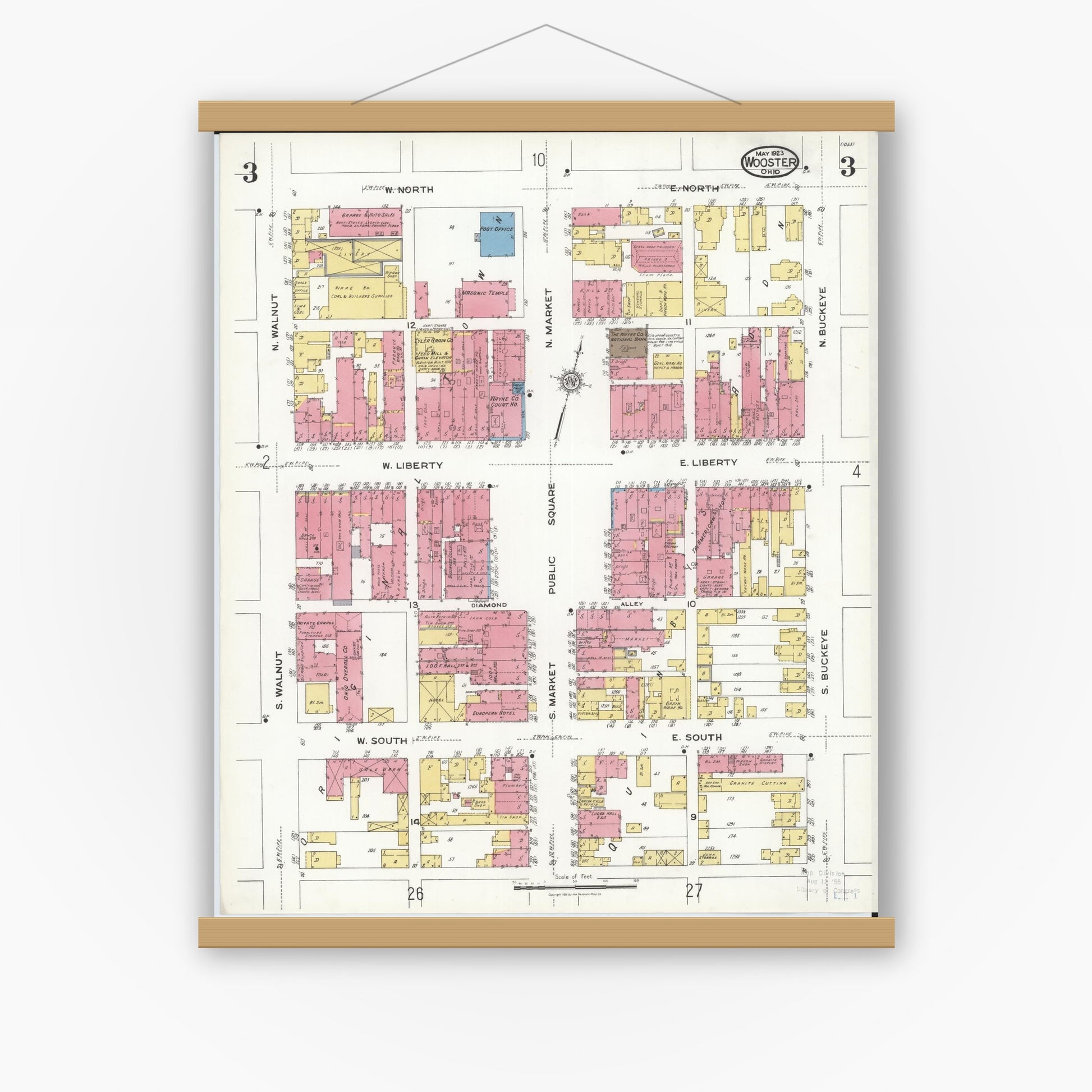 Old map wall art mockup — magnetic wood frame on white wall — Sanborn Fire Insurance Map from Wooster, Wayne County, Ohio (1923), Sheet #0003