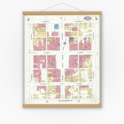 Old map wall art mockup — magnetic wood frame on white wall — Sanborn Fire Insurance Map from Wooster, Wayne County, Ohio (1923), Sheet #0003