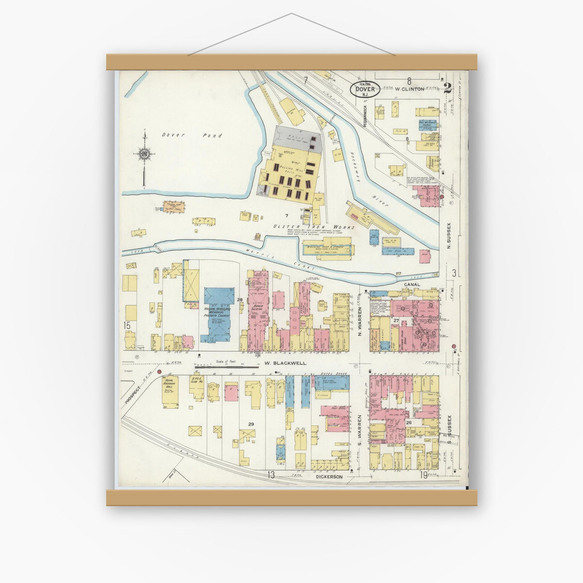 Old map wall art mockup — magnetic wood frame on white wall — Sanborn Fire Insurance Map from Dover, Morris County, New Jersey (1916) - Complete Map Set