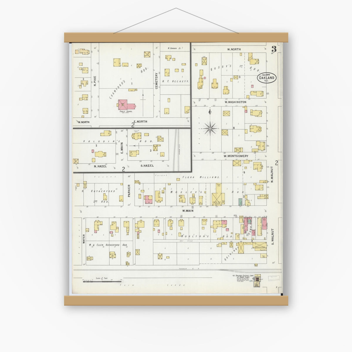 Old map wall art mockup — magnetic wood frame on white wall — Sanborn Fire Insurance Map from Oakland, Coles County, Illinois (1899), Sheet #0003