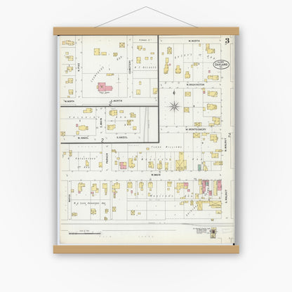Old map wall art mockup — magnetic wood frame on white wall — Sanborn Fire Insurance Map from Oakland, Coles County, Illinois (1899), Sheet #0003
