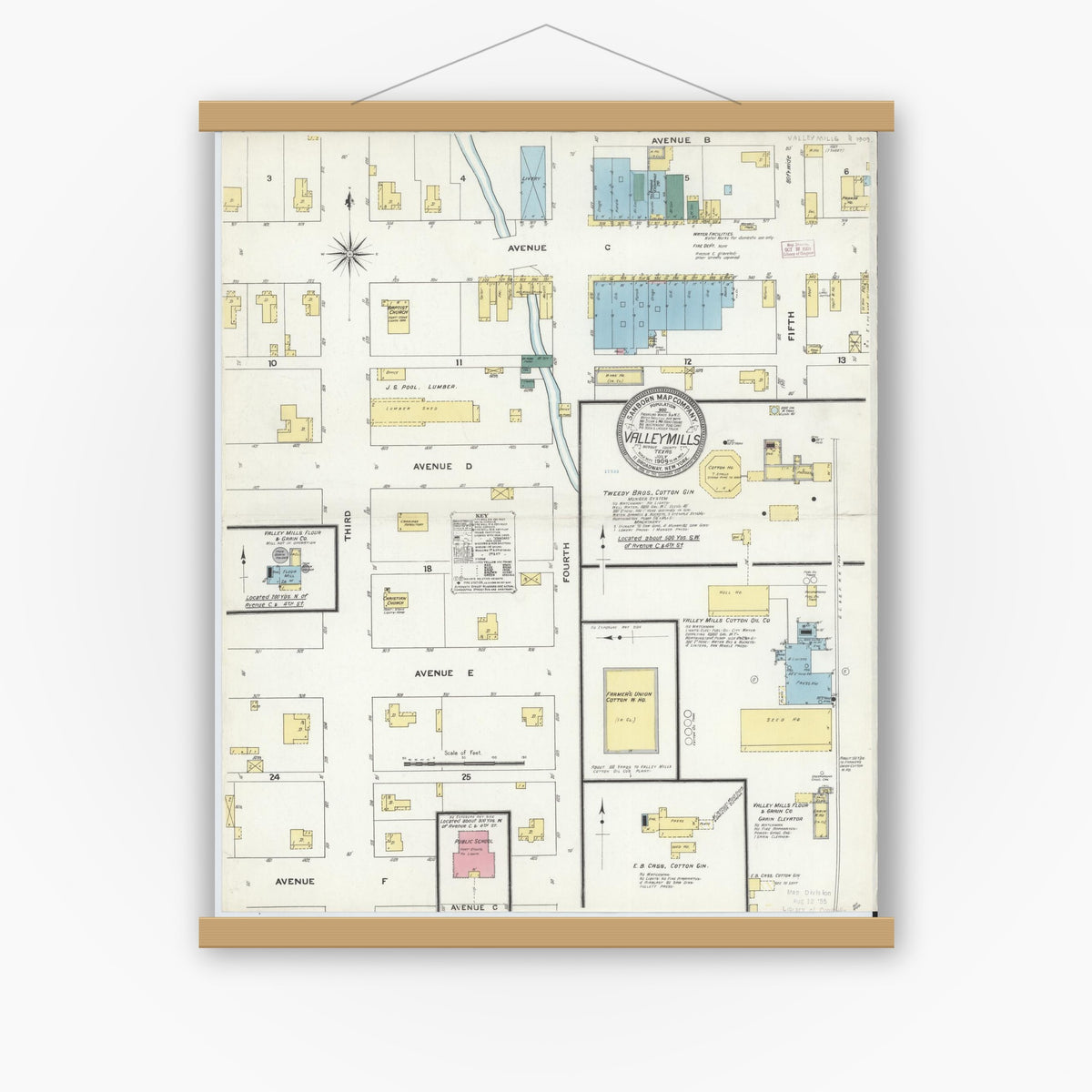 Old map wall art mockup — magnetic wood frame on white wall — Sanborn Fire Insurance Map from Valley Mills, Bosque County, Texas (1909), Sheet #0001