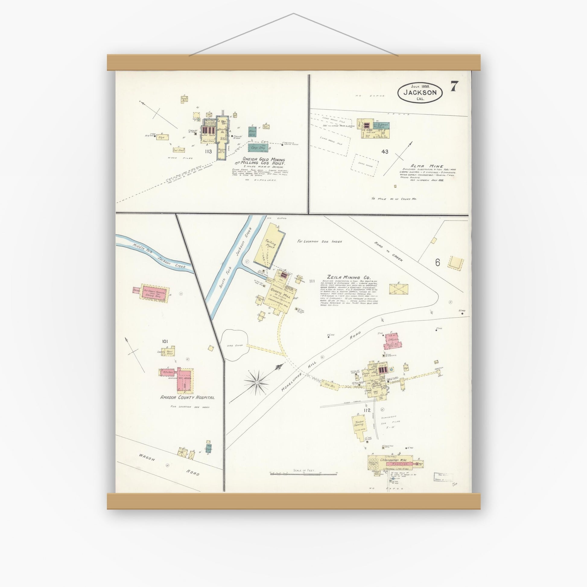 Old map wall art mockup — magnetic wood frame on white wall — Sanborn Fire Insurance Map from Jackson, Amador County, California (1898), Sheet #0007