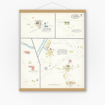 Old map wall art mockup — magnetic wood frame on white wall — Sanborn Fire Insurance Map from Jackson, Amador County, California (1898), Sheet #0007
