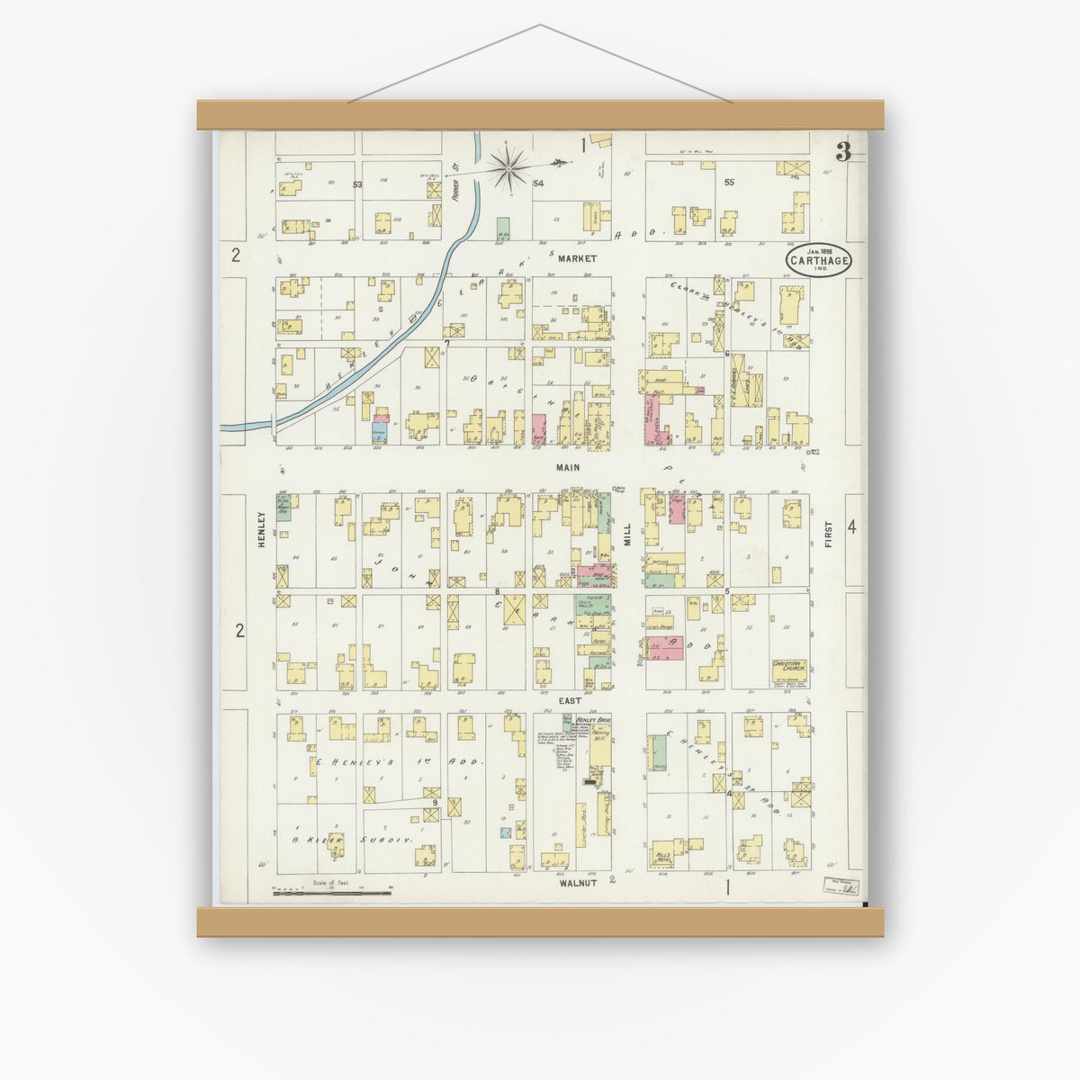 Old map wall art mockup — magnetic wood frame on white wall — Sanborn Fire Insurance Map from Carthage, Rush County, Indiana (1898), Sheet #0003