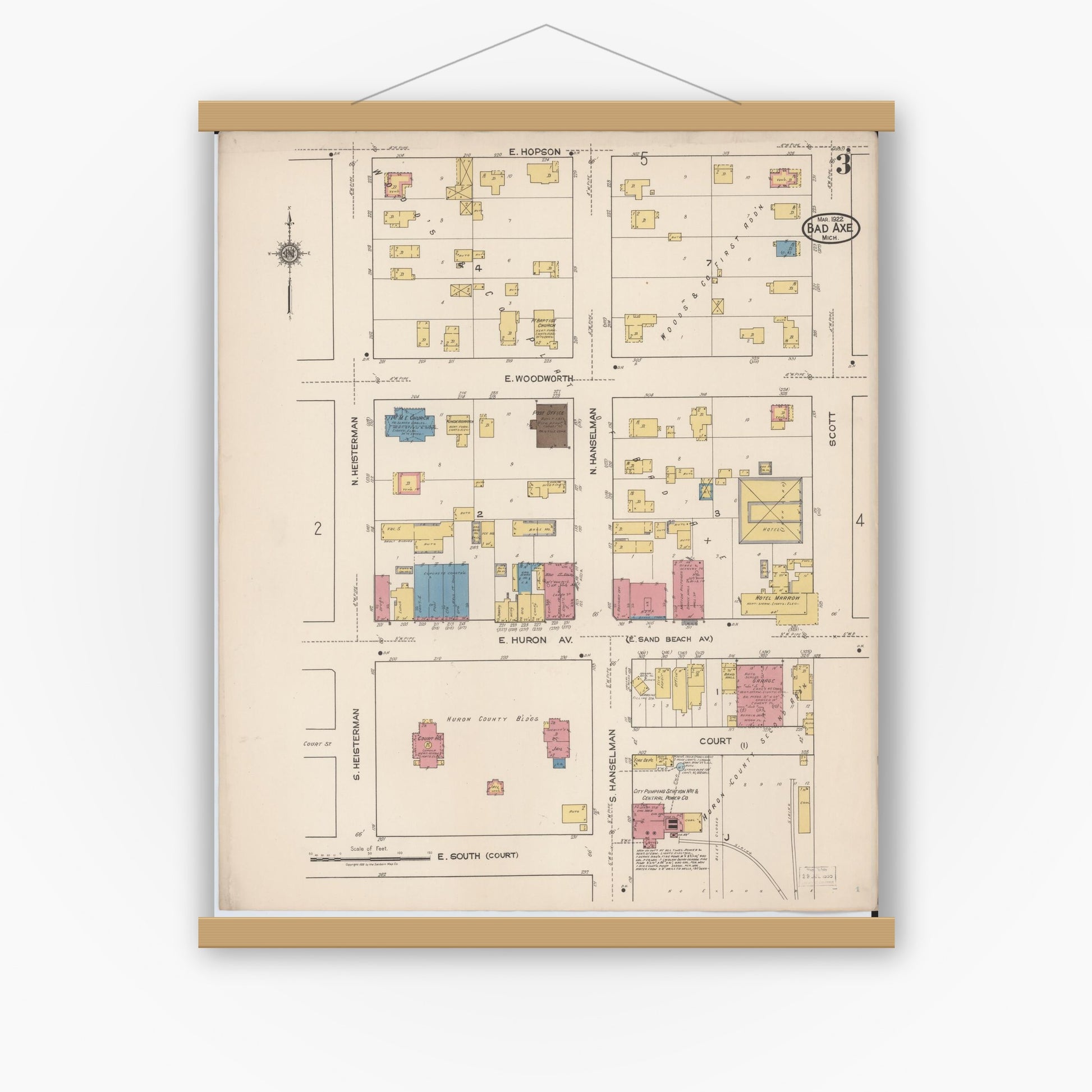 Old map wall art mockup — magnetic wood frame on white wall — Sanborn Fire Insurance Map from Bad Axe, Huron County, Michigan (1922), Sheet #0003