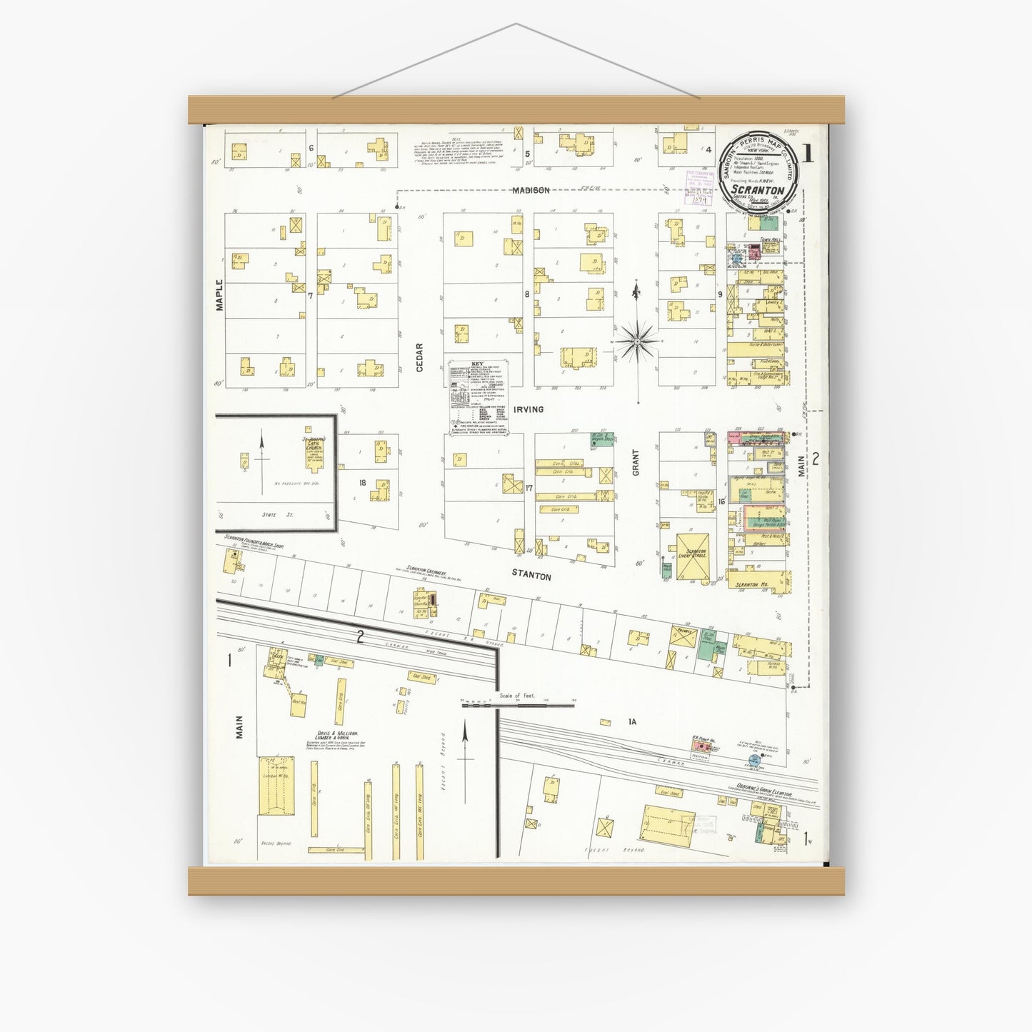 Old map wall art mockup — magnetic wood frame on white wall — Sanborn Fire Insurance Map from Scranton, Greene County, Iowa (1901), Sheet #0001