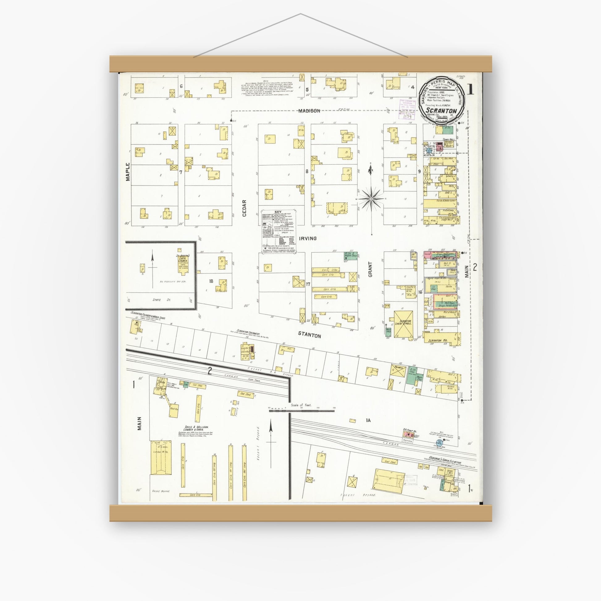Old map wall art mockup — magnetic wood frame on white wall — Sanborn Fire Insurance Map from Scranton, Greene County, Iowa (1901), Sheet #0001