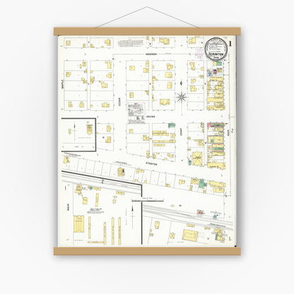 Old map wall art mockup — magnetic wood frame on white wall — Sanborn Fire Insurance Map from Scranton, Greene County, Iowa (1901), Sheet #0001