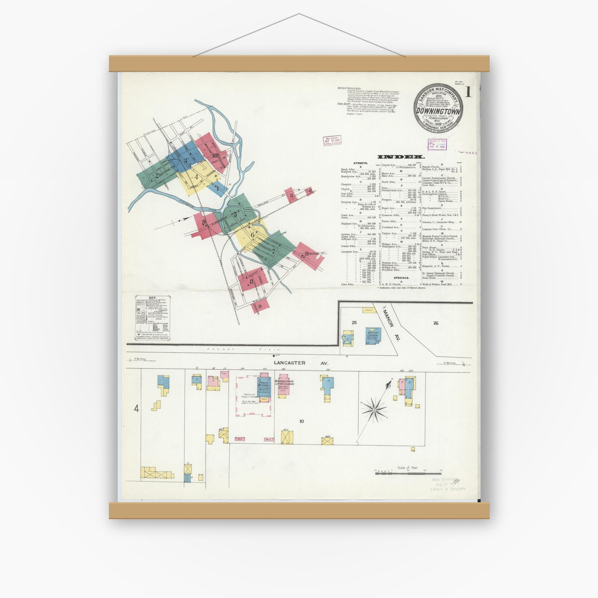 Old map wall art mockup — magnetic wood frame on white wall — Sanborn Fire Insurance Map from Downingtown, Chester County, Pennsylvania (1909), Sheet #0001