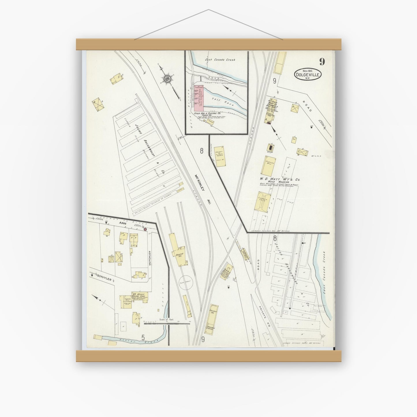 Old map wall art mockup — magnetic wood frame on white wall — Sanborn Fire Insurance Map from Dolgeville, Hirkimer County, New York (1912), Sheet #0009