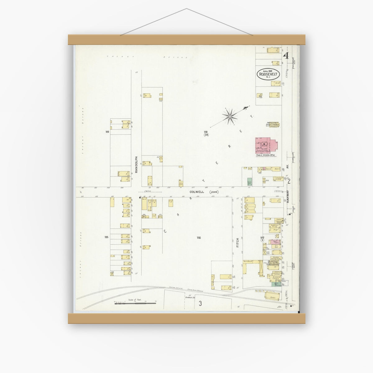 Old map wall art mockup — magnetic wood frame on white wall — Sanborn Fire Insurance Map from Roosevelt, Middlesex County, New Jersey (1908), Sheet #0004