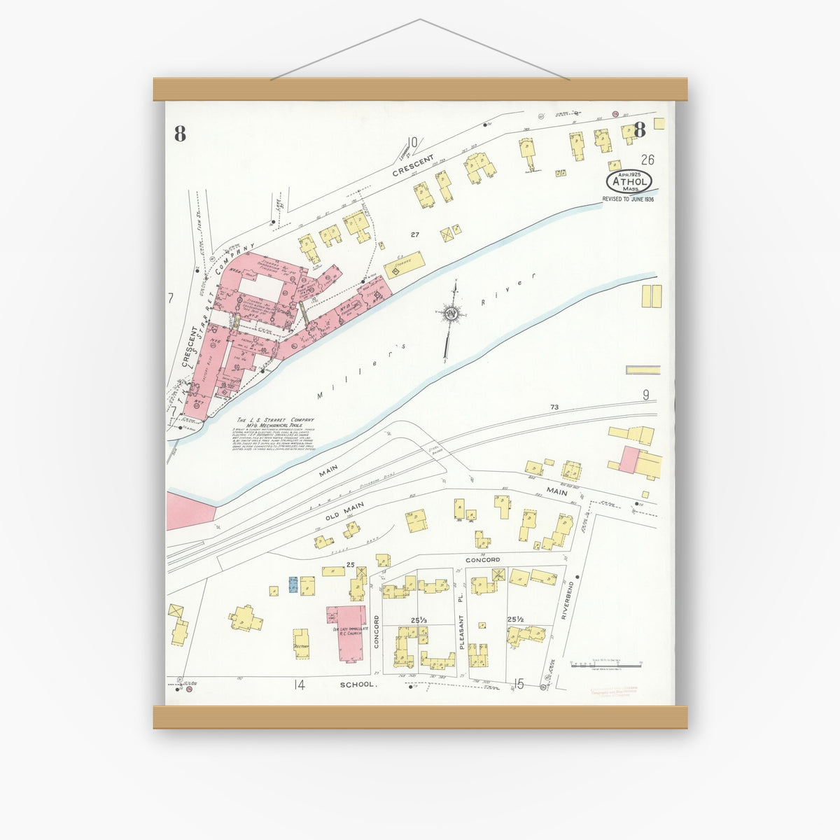Old map wall art mockup — magnetic wood frame on white wall — Sanborn Fire Insurance Map from Athol, Worcester County, Massachusetts (1936), Sheet #0008