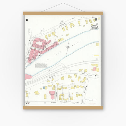 Old map wall art mockup — magnetic wood frame on white wall — Sanborn Fire Insurance Map from Athol, Worcester County, Massachusetts (1936), Sheet #0008