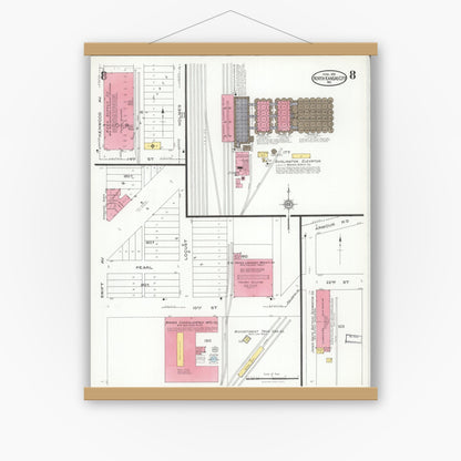 Old map wall art mockup — magnetic wood frame on white wall — Sanborn Fire Insurance Map from North Kansas City, Clay County, Missouri (1926), Sheet #0008