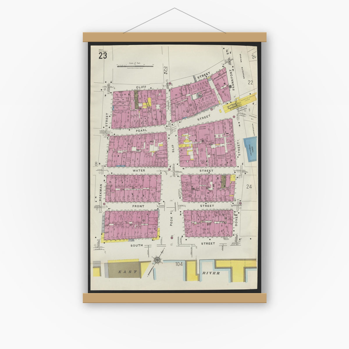 Old map wall art mockup — magnetic wood frame on white wall — Sanborn Fire Insurance Map from New York, Bronx, Manhattan, New York (1923), Sheet #0023