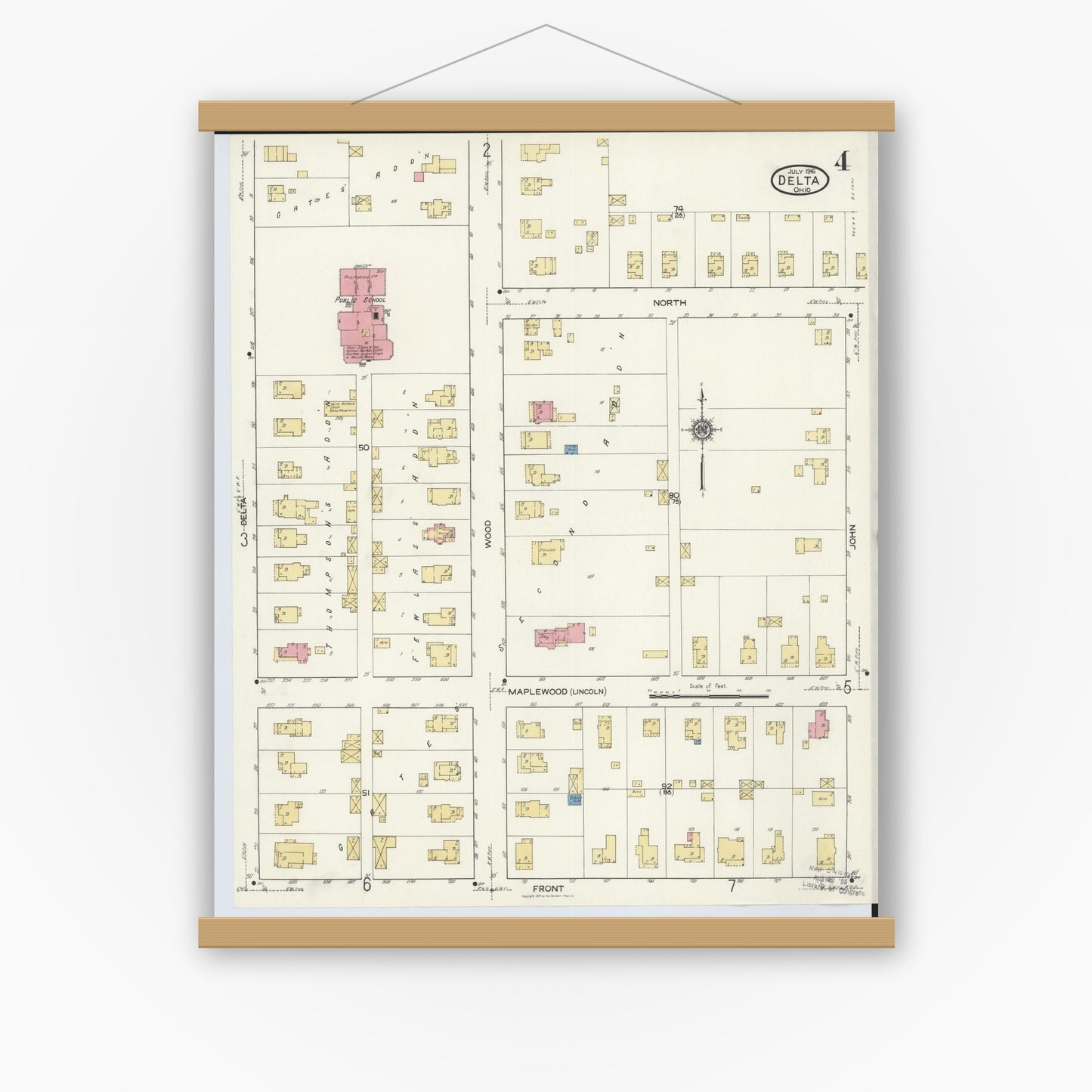 Old map wall art mockup — magnetic wood frame on white wall — Sanborn Fire Insurance Map from Delta, Fulton County, Ohio (1916), Sheet #0004