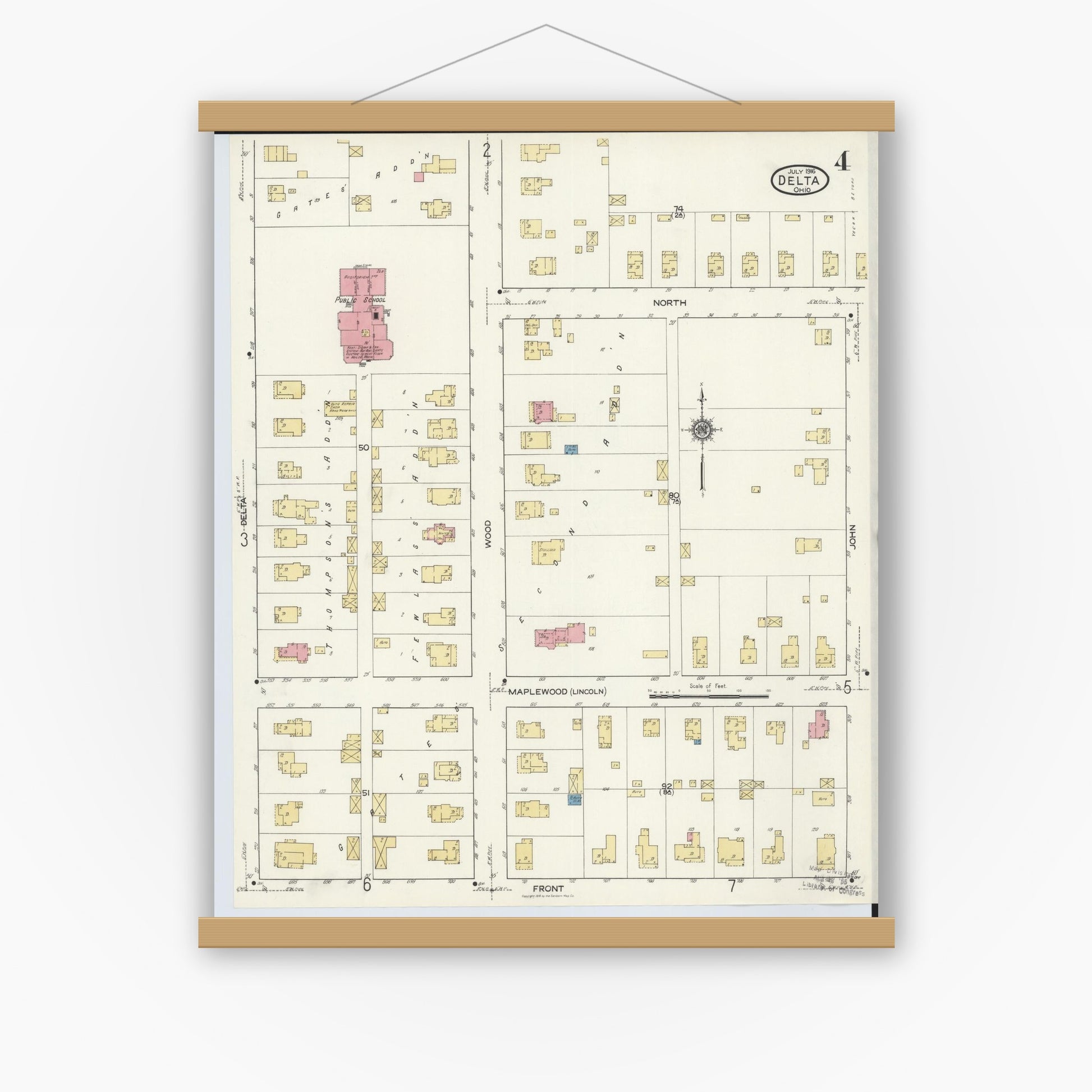Old map wall art mockup — magnetic wood frame on white wall — Sanborn Fire Insurance Map from Delta, Fulton County, Ohio (1916), Sheet #0004