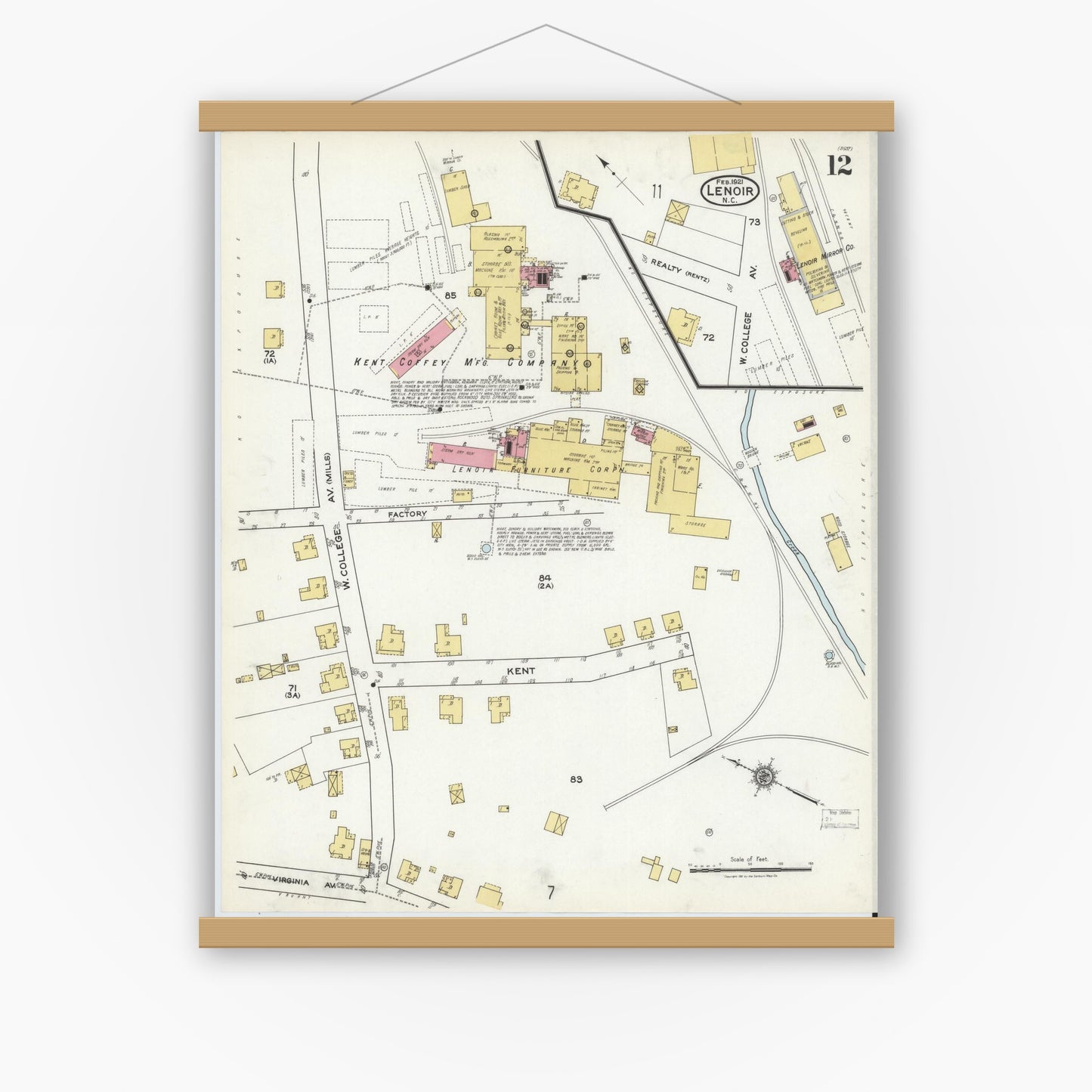 Old map wall art mockup — magnetic wood frame on white wall — Sanborn Fire Insurance Map from Lenoir, Caldwell County, North Carolina (1921), Sheet #0012